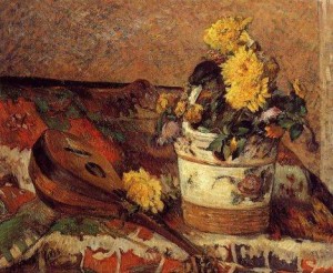 Oil gauguin,paul Painting - Dahlias And Mandolin by Gauguin,Paul