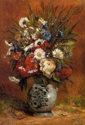 Oil blue Painting - Daisies And Peonies In A Blue Vase by Gauguin,Paul