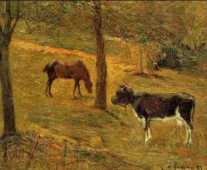 Oil gauguin,paul Painting - Horse And Cow In A Field by Gauguin,Paul