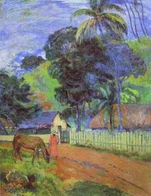 Oil gauguin,paul Painting - Horse On Road Tahitian Landscape by Gauguin,Paul