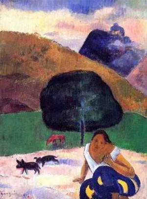 Oil landscape Painting - Landscape With Black Pigs And A Crouching Tahitian by Gauguin,Paul