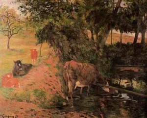 Oil landscape Painting - Landscape With Cows In An Orchard by Gauguin,Paul