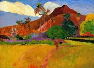 Oil gauguin,paul Painting - Mountains In TahitiMountains by Gauguin,Paul
