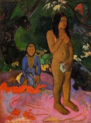 Oil gauguin,paul Painting - Parau Na Te Varua Ino Aka Words Of The Devil by Gauguin,Paul