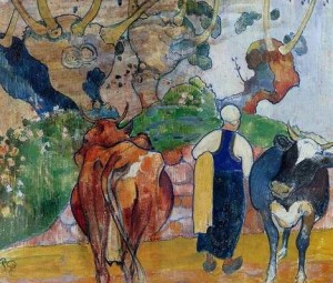 Oil gauguin,paul Painting - Peasant Woman And Cows In A Landscape by Gauguin,Paul
