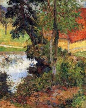 Oil red Painting - Red Roof By The Water by Gauguin,Paul