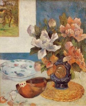 Oil gauguin,paul Painting - Still Life With Chinese Peonies And Mandolin by Gauguin,Paul