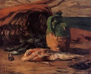 Oil red Painting - Still Life With Jug And Red Mullet by Gauguin,Paul