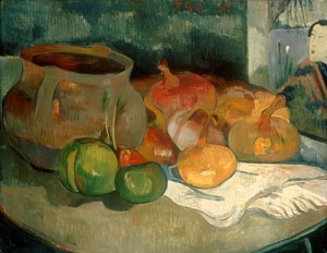 Oil gauguin,paul Painting - Still Life with Onions, Beetroot, and a Japanese Print, 1889 by Gauguin,Paul