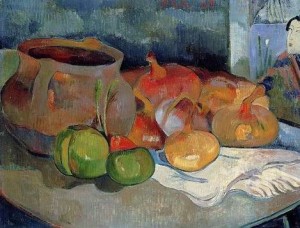 Oil gauguin,paul Painting - Still Life With Onions Beetroot And A Japanese Print by Gauguin,Paul