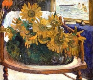 Oil sunflowers Painting - Still Life With Sunflowers On An Armchair by Gauguin,Paul