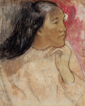 Oil flower Painting - Tahitian Woman with a Flower in her Hair by Gauguin,Paul