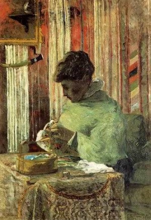 Oil gauguin,paul Painting - Woman Embroidering by Gauguin,Paul