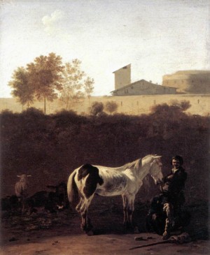 Oil Painting - Italian Landscape with Herdsman and a Piebald Horse   c. 1675 by Dujardin, Karel