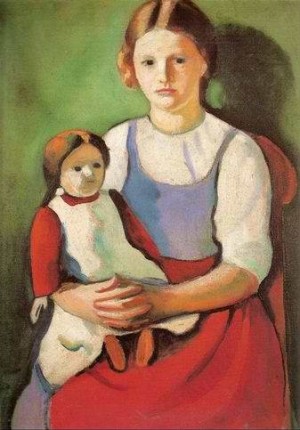 Oil girl Painting - Blond Girl with Doll (Blondes Madchen mit Puppe) by Macke ,August