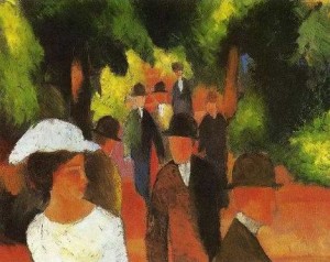 Oil macke ,august Painting - Promenade with Half-Length of Girl in White 1914 by Macke ,August