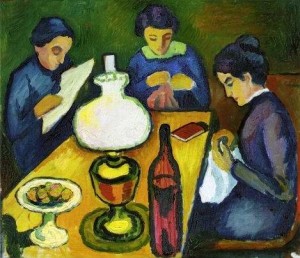 Oil macke ,august Painting - Three Women at the Table by the Lamp by Macke ,August
