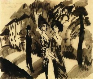 Oil macke ,august Painting - Two Women and an Man on an Avenue by Macke ,August