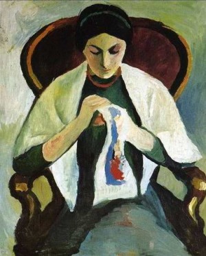 Oil woman Painting - Woman Embroidering in an Armchair; Portrait of the Artist's Wife by Macke ,August