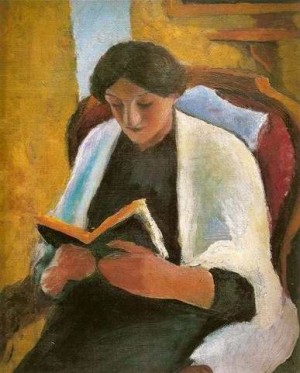 Oil macke ,august Painting - Woman Reading in Red Armchair (Lesende Frau im roten Sessel) by Macke ,August