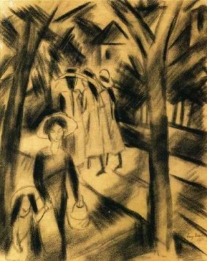 Oil macke ,august Painting - Woman with Child and Girls on a Road by Macke ,August