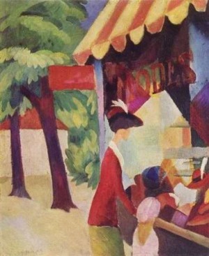 Oil red Painting - Woman With Red Jacket And Child Before The Hat Store by Macke ,August
