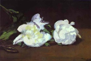 Oil branch Painting - Branch of White Peonies and Shears. 1864 by Manet,Edouard