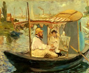 Oil monet Painting - Monet Painting in His Floating Studio   1874 by Manet,Edouard