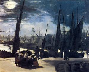 Oil manet,edouard Painting - Moonlight over Bologne Harbor 1869 by Manet,Edouard