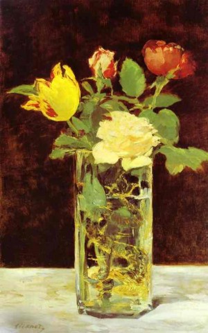 Oil manet,edouard Painting - Roses and Tulips in a Vase. c.1882 by Manet,Edouard