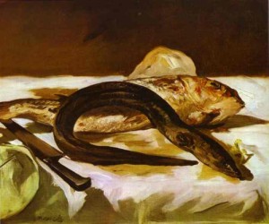 Oil red Painting - Still Life with Eel and Red Muller. 1864 by Manet,Edouard