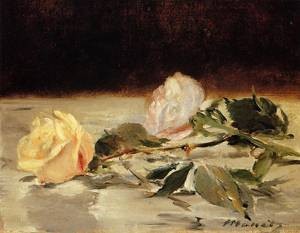 Oil manet,edouard Painting - Two Roses on a Tablecloth 1882 1883 by Manet,Edouard