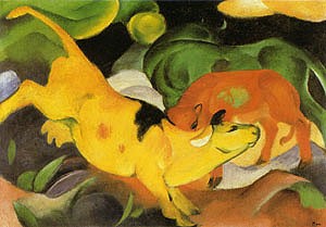 Oil green Painting - Cows, Yellow Red Green (Kuhe, Gelf-Rot-Grun), 1912, by Marc,Franz