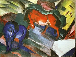 Oil blue Painting - Red Horse and Blue Horse, 1912 by Marc,Franz
