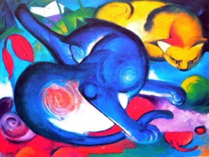 Oil marc,franz Painting - Zwei Katzen , blau und gelb by Marc,Franz