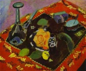 Oil red Painting - Dishes and Fruit on a Red and Black Carpet 1906 by Matisse Henri