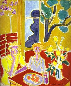 Oil red Painting - Two Girls with Yellow and Red Background 1947 by Matisse Henri