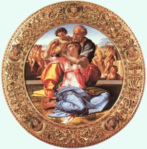Oil michelangelo Painting - Doni Tondo, approx 1503 by Michelangelo