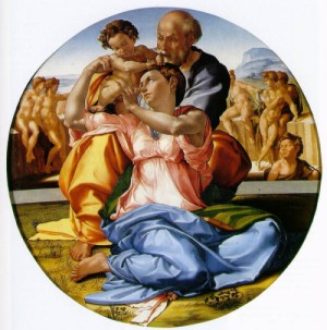 Oil michelangelo Painting - The Holy Family with the infant St. John the Baptist (the Doni tondo) c. 1506 by Michelangelo