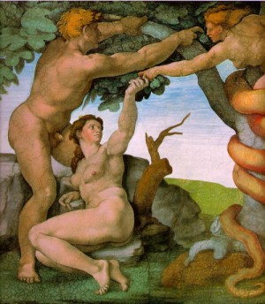 Oil michelangelo Painting - The Temptation of Adam and Eve by Michelangelo