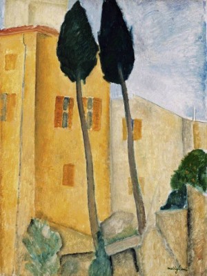 Oil modigliani, amedeo Painting - Cypress Trees and Houses   Barnes Foundation by Modigliani, Amedeo