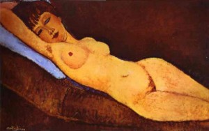 Oil Nude Painting - Reclining Nude with Blue Cushion. 1917 by Modigliani, Amedeo