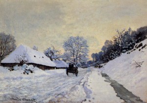 Oil monet,claud Painting - A Cart on the Snow Covered Road with Saint-Simeon Farm 1865 by Monet,Claud
