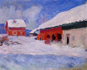 Oil red Painting - Red Houses at Bjornegaard in the Snow Norway 1895 by Monet,Claud