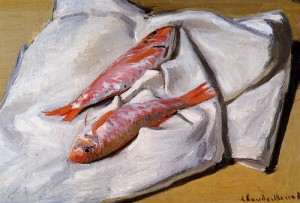 Oil red Painting - Still Life Red Mullets 1869 by Monet,Claud