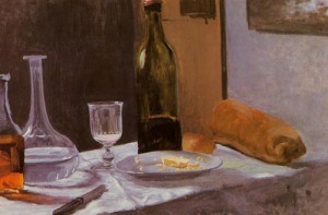 Oil life Painting - Still Life with Bottle Carafe Bread and Wine 1862-1863 by Monet,Claud