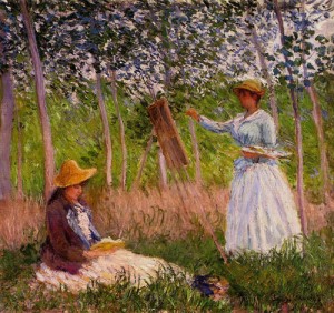 Oil painting Painting - Suzanne Reading and Blanche Painting by the Marsh at Giverny 1887 by Monet,Claud