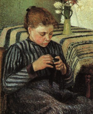 Oil girl Painting - Girl Sewing, 1895 by Pissarro, Camille