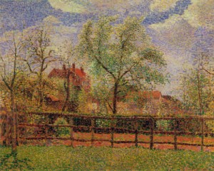 Oil in bloom Painting - Pear Trees in Bloom at Eragny, Morning   1886 by Pissarro, Camille