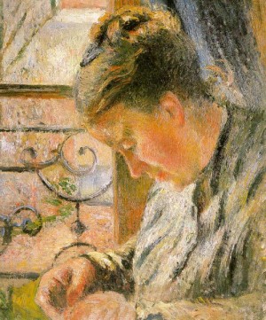 Oil pissarro, camille Painting - Portrait of Madame Pissarro Sewing near a Window, 1878-79 by Pissarro, Camille